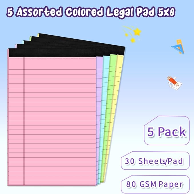 5 pcs Note Pads Legal Pads 5x8, Notebook College Ruled, Colored Legal Notepads, 5 Pack Micro Perforated Writing Pads, Lined Paper Pads, Pad of Paper for Office Home School, 30 Sheets/Pack