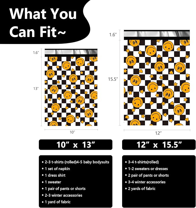 Poly Mailers 12x15.5 Inch 50 Pcs - Smiles Checkerboard Printed Shipping Bags,Waterproof and Tear Resistant Mailing Envelopes, Self-Sealing Packaging Bags for Small Business