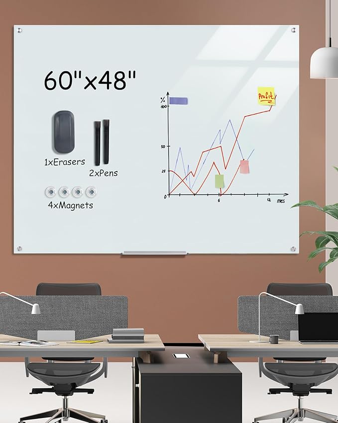 Magnetic Glass Whiteboard，60"x48" Wall Mounted Frameless Dry Erase Board for Office, Home & School White