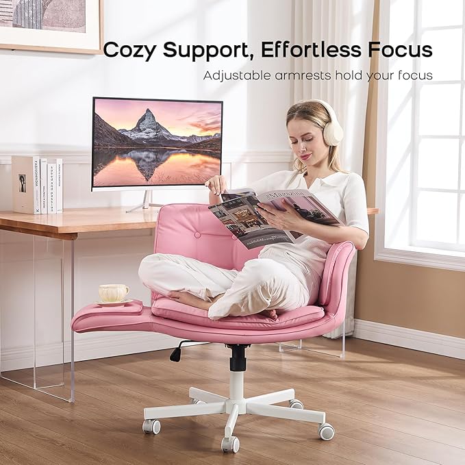 Criss Cross Chair with Armrests & Wheels, PU Leather Vanity Chair, Comfortable Adjustable Swivel Computer Office Desk Chairs for Home, Make Up, Bed Room (Pink)