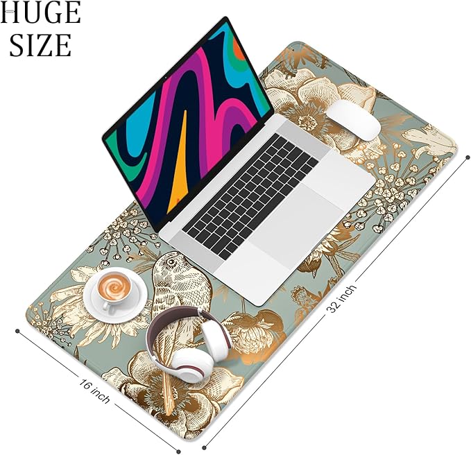 Desk Mat, 32" x 16" XXL Extended Large Gaming Mouse Pad, Desktop Decor Desk Pad, Cute Men Women Office Supplies and Accessories, XL Mouse Mat for Laptop & Keyboard, Retro Flower and Bird