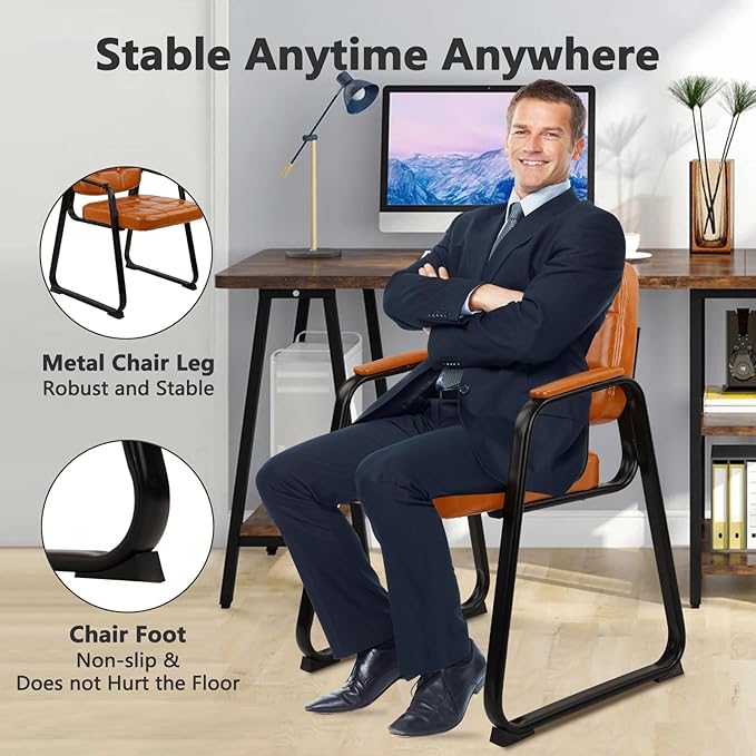 CLATINA Office Guest Chair, Leather Reception Chairs with Padded Arms, Desk Chair No Wheels Stationary for Conference Lobby Waiting Room Training Side Elderly, Set of 6-Orange