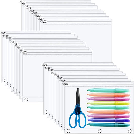 Lincia 48 Pack Clear Pencil Pouch for 3 Ring Binder Pencil Case with Metal Zipper 3 Ring Binder Pocket Inserts Bag 10 x 7'' Visible Cash Envelope with Re-enforced Grommet for College Office Supplies