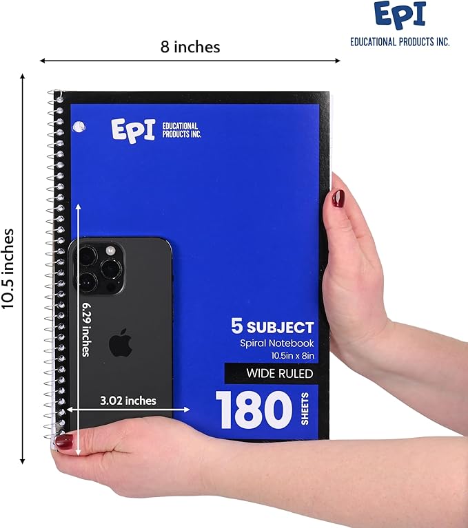 EPI Spiral Notebook | 5 Subject - Wide Ruled - 180 Sheets, Durable Spiral Binding | 10.5 x 8 in | Classroom Supplies | School, Office, Note Taking, Journaling - 12 Pack