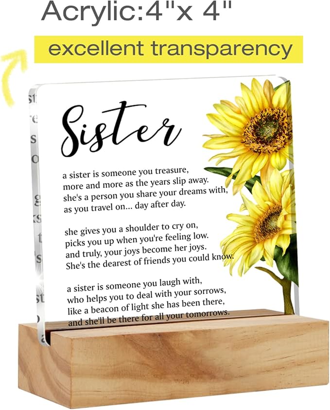 Bifez Sister Acrylic Sign, Flower Style Square Desk Decor with Wood Stand 4x4 inches Home Office Decor Gift