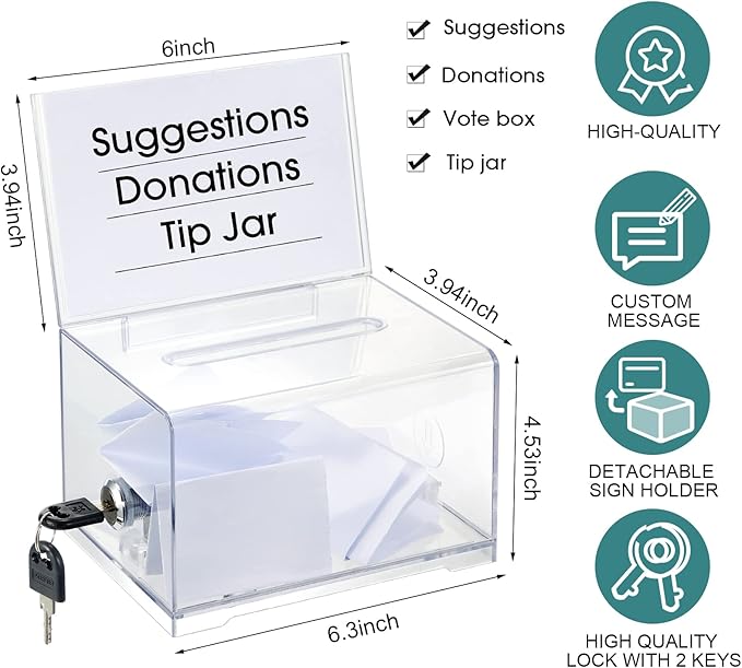 Chunful 6 Pcs Acrylic Donation Box with Lock and Sign Holder Clear Ballot Donation Boxes with Slot for Fundraising Suggestion Box Storage Container for Voting, Raffle Bowl, Tip Jar