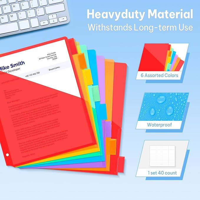 SUNEE 8 Tab Dividers with Pockets, Plastic Dividers for 3 Ring Binder, Subject Dividers with 2 Pockets, Binder Dividers for School Office Home Supplies, Multicolor, 2 Set