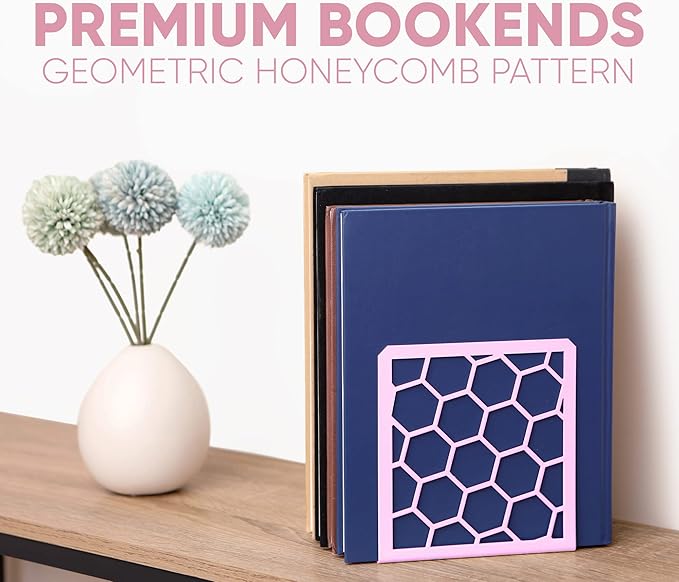 GEOMOD Geometric Honeycomb Pink Metal Bookends Decorative - Tall Sturdy Book Ends for Shelves - Modern Heavy Duty Bookend Stopper - Office or Home Book Shelf Book Holder - 6x3.25x6.25 Inches - 1 Pair