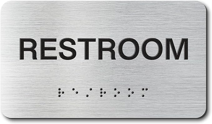 RESTROOM Signs with Raised Text & Grade 2 Braille, Brushed Aluminum/Silver Finish Easy Install with Double-Sided Tape, ADA Compliant Conference Room Office Door Sign