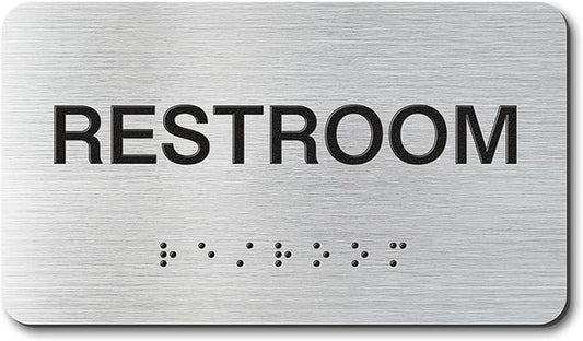 RESTROOM Signs with Raised Text & Grade 2 Braille, Brushed Aluminum/Silver Finish Easy Install with Double-Sided Tape, ADA Compliant Conference Room Office Door Sign