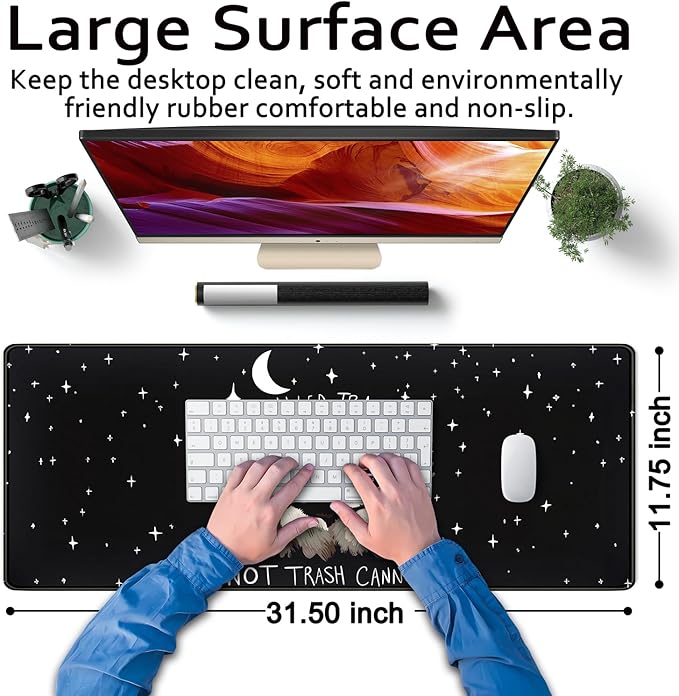 It's Trash Can Not Trash Cannot Desk Pad Cute Black Desk Mat Gaming Screaming Possum Mouse Pad Black Desk Matt for Desktop Keyboard Mouse Desk Mat with Stitched Edges Rubber Computer pad 31.5x11.8in