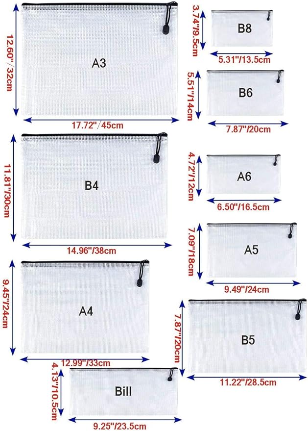 Oaimyy-B5(7"x 11",12 Pcs) Plastic Mesh Zipper Pouch Document Folders Bag & Zip File Folders for School Office Supplies, Travel,Puzzles Games Organizing Storage-Black