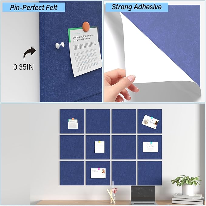 Large Cork Boards for Walls – 48 x 36 Self Adhesive Felt Wall Tiles, Ideal for Office Black Bulletin Board, Easy to Install Pin Board Photo Board