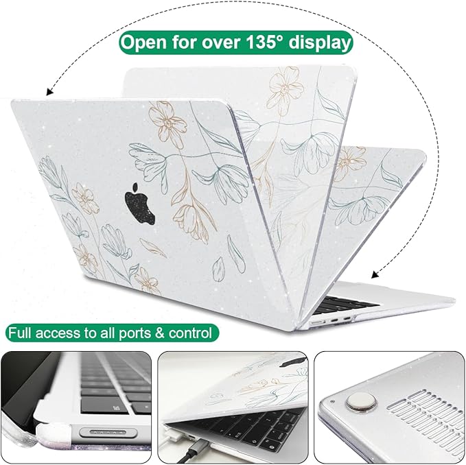 Compatible with 2025 MacBook Air 13.6 inch Case M4 A3240 Cover, Shiny Pattern Plastic Hard Shell Case Keyboard Skin for Mac Air 13.6 M2 A2681 M3 A3113 2024-2022 Release, Line Flower