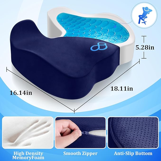 Seat Cushion, Gel Chair Cushions, Office Chair Cushions, Anti-Slip Bottom & Removable Cover Tailbone Pain Relief Cushion, Memory Foam Seat Cushion, 5.28 in Thick (Blue)