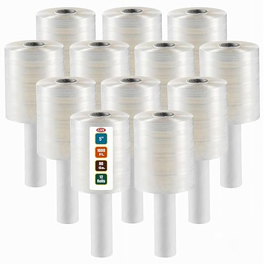 12 Pack Industrial Strength Mini Hand Stretch Wrap 5" 1000 Ft Roll 80 Gauge Thick, Shrink Wrap Roll for Moving Supplies, Furniture, Pallets, Plastic Wrap for Packing, Heavy Duty Stretch Film