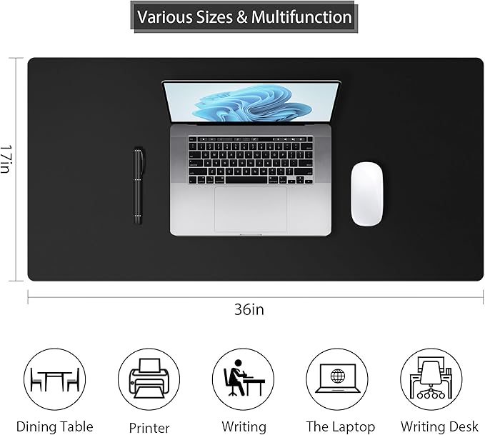 Mouse Pad Desk Protector Mat, Large PU Leather Office Desk Mat, Non-Slip Desk Pad for Keyboard and Mouse, Waterproof Desk Blotter Pad for Writing, Wide & Smooth Laptop Desk Pads, Black (17’’X36’’)