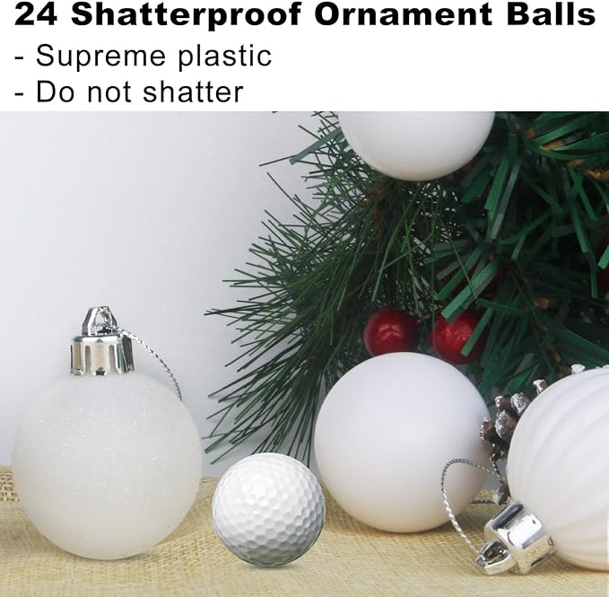 White 2.5" Christmas Balls Christmas Tree Decoration Ornaments Shatterproof Hanging Balls for Birthday Halloween Holiday Wedding Decorations Set of 24pcs