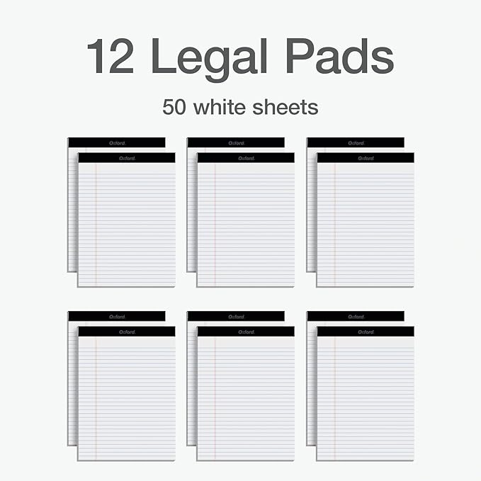 Oxford 8.5 x 11 Legal Pads, Wide Ruled, White Paper, 50 Sheets Per Writing Pad, Made in the USA (74030) | (Pack of 72)