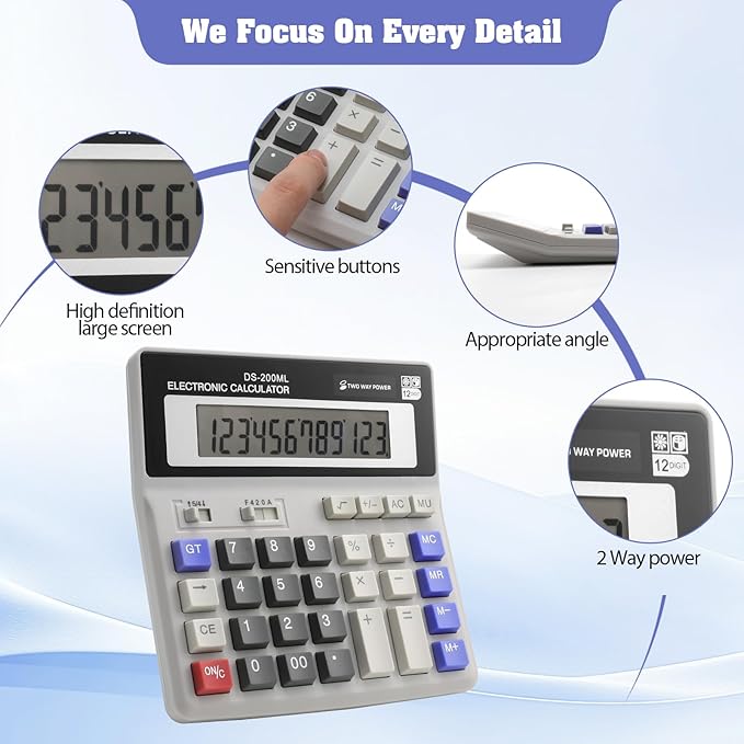 Desktop Calculator Large LCD Display 12-Digit Big Number, Large Keys Standard Calculator for Office Business Home