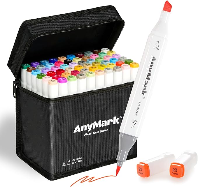 AnyMark Alcohol Markers Brush Tip, 60+1 Colors Dual Tip Brush & Chisel Alcohol-Based Art Markers Set with Case for Adult Artists Drawing Coloring