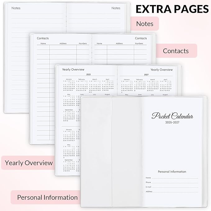 Pocket Calendar 2026-2027, Pocket Planner 2026-3.7" x 6.7" - Runs from July 2025 Until December 2027, Monthly Planner 2025-2027 with PVC Cover for Planning, Pink