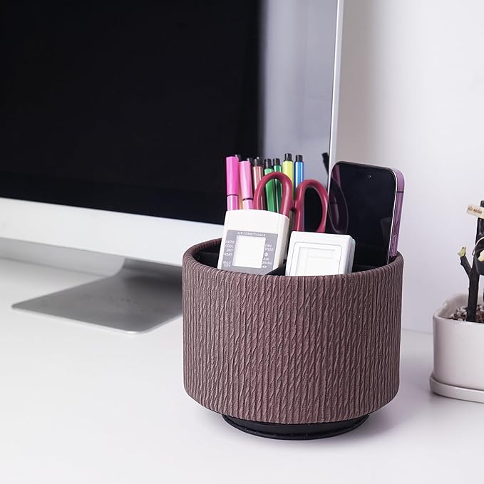 Hennaja Round Leather Art Supply Organizer,Remote Control Holder,360 Degree Spinning,Multi-Functional Pencil Holder,4 Compartments Desktop Stationary Organizer(1-Wood Soil)