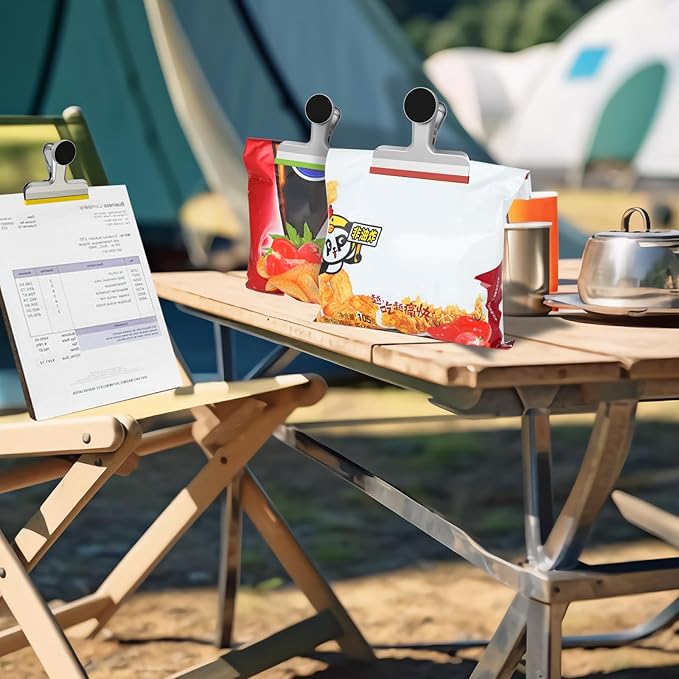 HOUSE AGAIN 8 Pack Stainless Steel Magnetic Chip Bag Clips Covered with Silicone - NO More Sharp Edges - Color Coded for Food Bags - Hang Postcards Heavy Duty for Kitchen and Office, 3 Inches Wide