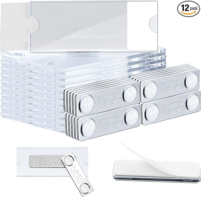 12 Pieces Magnetic Name Tags Kit Acrylic Name Badge Holders Clear Label Holders with Blank Printable Paper Inserts Magnets Custom Identity for Office