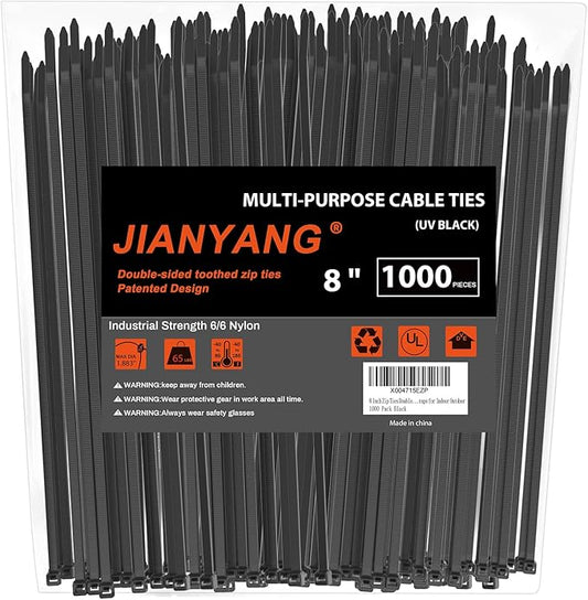 8 Inch Zip Ties Double Sided Toothed (Bulk 1000 Pack Black),65lbs Tensile Strength Heavy Duty Cable Wire Ties with Self-Locking Adjustable Nylon Tie Wraps for Indoor Outdoor (Patented Design)
