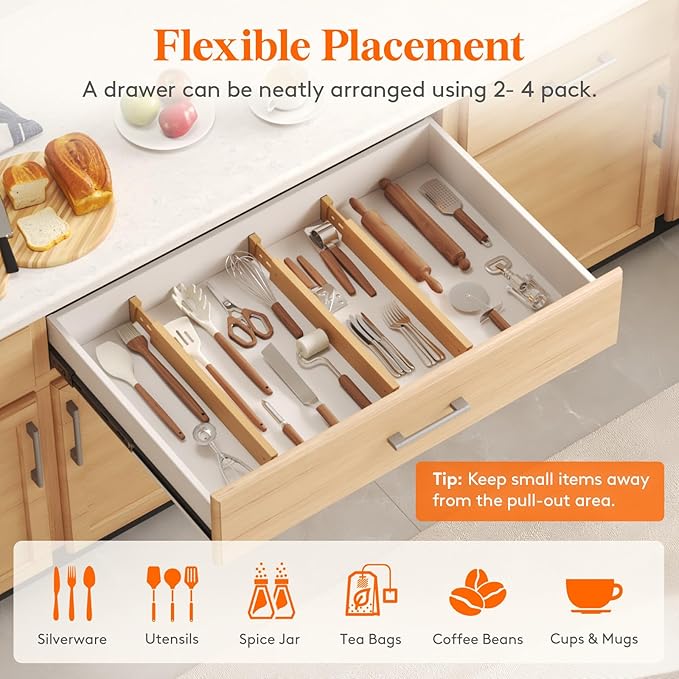 Lifewit 6 Pack Drawer Dividers Bamboo 2.4" High, 16-22" Adjustable Drawer Organizers for Clothes, Wooden Dresser Separators in Bedroom/Bathroom/Kitchen/Fridge/Office Organization and Storage