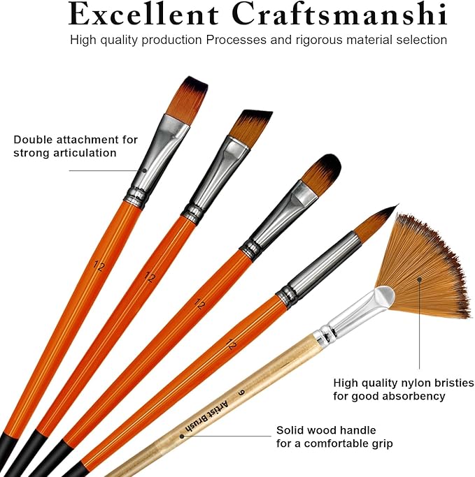 Bougimal 28 Pcs Paint Brushes for Acrylic Painting, Premium Nylon Bristles with Round, Filbert, Flat, Fan, Angle, Fine Detail Brush, Paint Brush Set for Acrylic, Oil, Watercolor