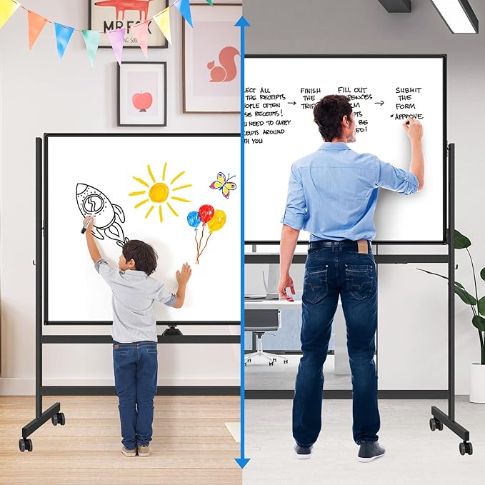 Large Rolling White Board, 48x36 in Double-Sided Mobile Whiteboard, maxtek Reversible Magnetic Dry Erase Board Easel Standing Whiteboard on Wheels School Supplies for Classroom Office and Home, Black