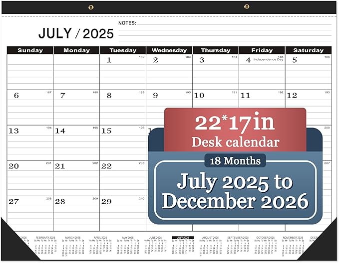 Desk Calendar 2025-2026 large 22 x17 (July 2025-December 2026) 2025-2026 Desk Calendar Large 22 x17,Classic Black Calendar 2025,Large Desktop Calendar 2026 with Plastic Cover