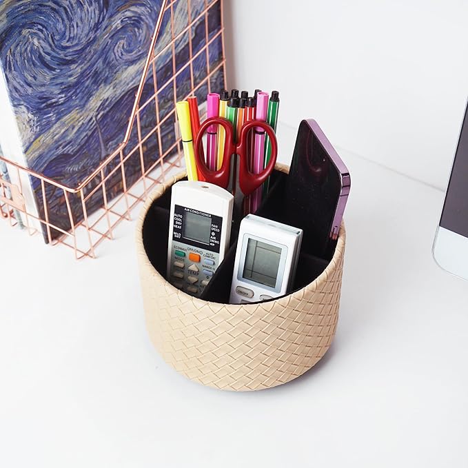 Hennaja Round Leather Art Supply Organizer,Remote Control Holder,360 Degree Spinning,Multi-Functional Pencil Holder,4 Compartments Desktop Stationary Organizer(1-Weave Khaki)