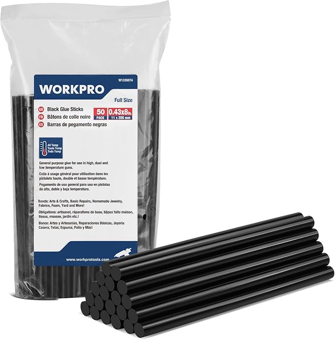 WORKPRO Hot Glue Sticks Full Size, 50-Pack, 0.43x8 Inches, Black Hot Melt Sticks for All-Temp Glue Guns, Multipurpose for DIY Craft General Repairs, Home Decorations and Gluing Projects