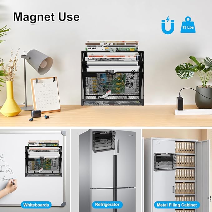 4 Tier Magnetic File Holder, Large Capacity Mesh Hanging Wall Organizer Vertical Magnetic Hanging File Organizer, Magnetic File Folder Holder for File Cabinets, Office, Whiteboard (Black)