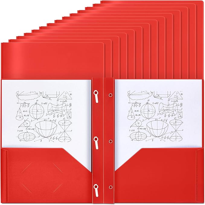 Yeaqee 30 Pcs Plastic Folders with Pockets and Prong Plastic Folders with 2 Pockets Pocket for Office, School for Students, Teachers, Office Workers (Red)