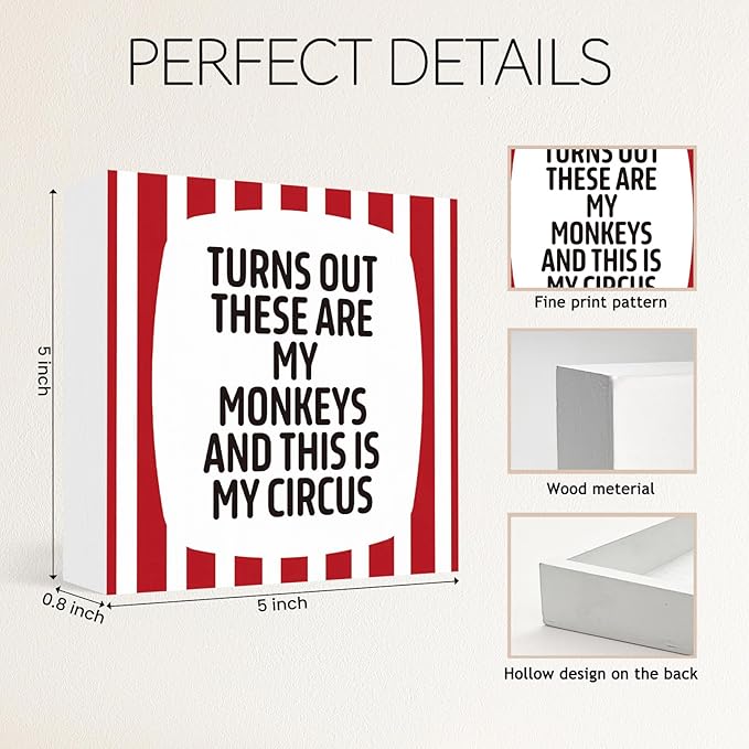 Funny Stripes Office Home Desk Table Decor Wood Sign - Turns Out These Are My Monkeys And This Is My Circus, Fun Desk Accessories for Work, Office Decorations for Work Women, Boss Gift, 5x5 Inch