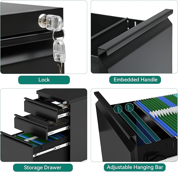 YITAHOME 3 Drawer File Cabinet with Lock, 20” Deep Office Vertical Files, Mobile Metal Filing Cabinet, Metal Vertical Filing Storage Cabinet for Letters/Legal/A4 Size，Black