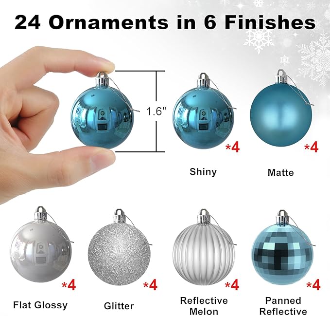 Baby Blue & Silver 1.6" Small Christmas Balls Christmas Tree Decoration Ornaments Shatterproof Hanging Balls for Birthday Halloween Holiday Wedding Decorations Set of 24pcs