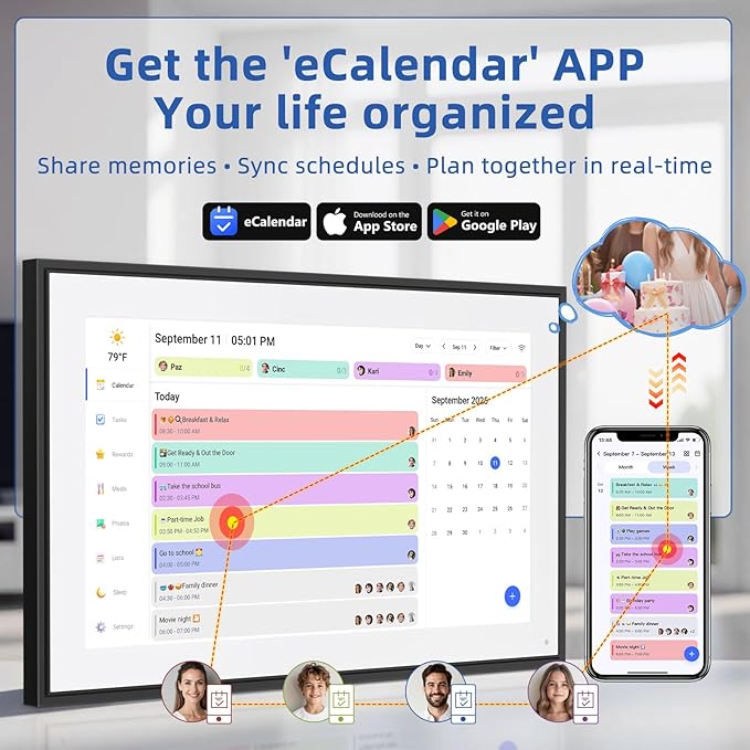 21.5 Inch Digital Calendar, Electronic Chore Chart, Smart Weekly and Monthly Planner 1920 * 1080P IPS Touchscreen Wall and Desk Calendar for Family Schedules, Black