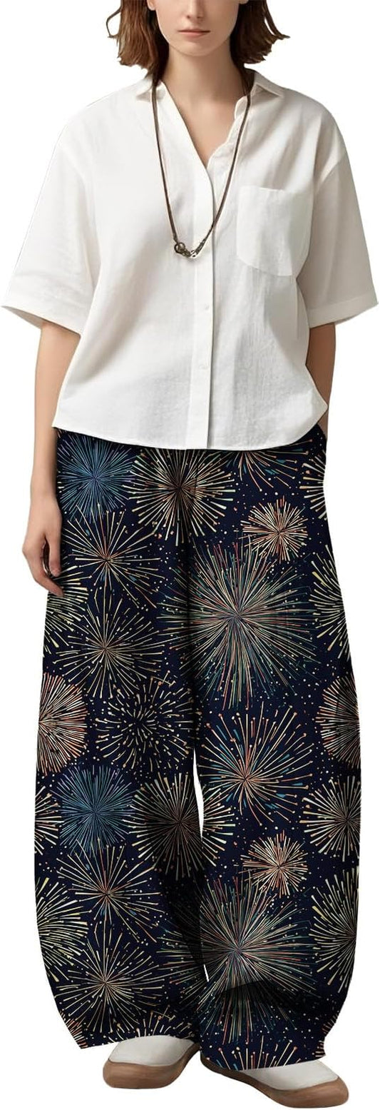 Zaswen Women's Oversize Loose Fit Breathable Pants Wide Leg Lounge Pants Fashion Casual Fireworks Print Trousers with Pockets
