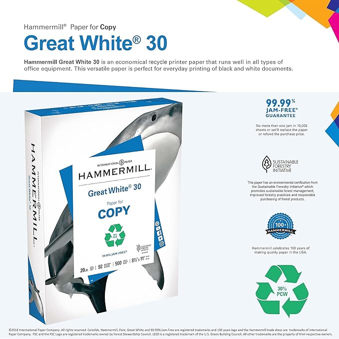 Hammermill Printer Paper, Great White 30% Recycled Paper, 3 Hole - 1 Ream (500 Sheets) - 92 Bright, Made in the USA, 086702