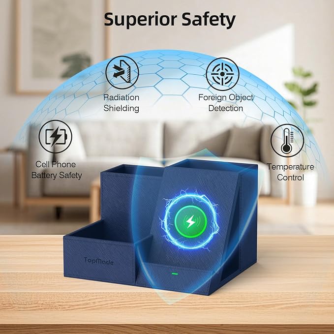 TopMade Wireless Charger with Desk Nightstand Organizer, Leather Pen Pencil Holder Bedside Fast Charging Station, for iphone Charging Stand Office Supplies Desk Accessories, Gifts for Men(Blue)