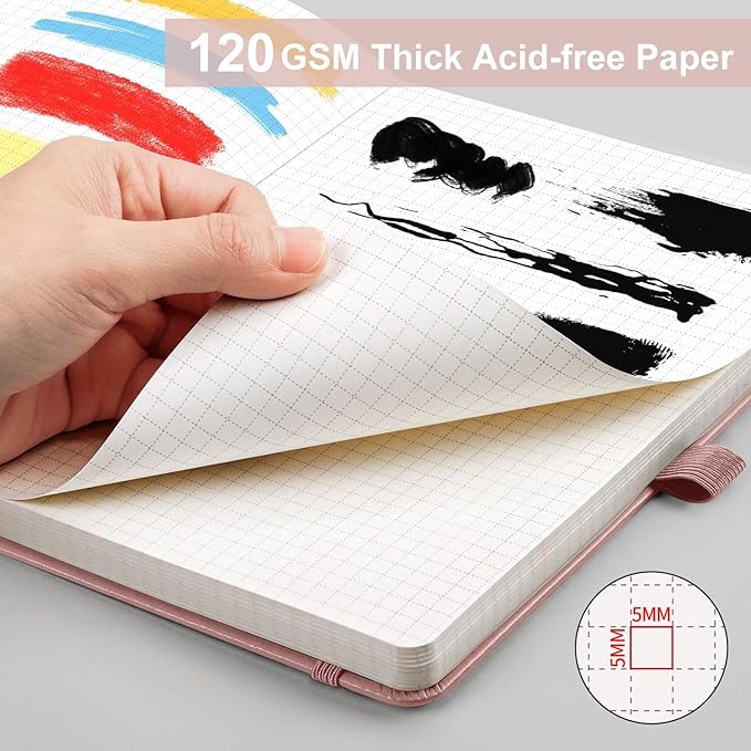 AHGXG Graph Paper Notebook - Grid Notebook Journal A5, 120 GSM Thick Graph Paper, 160 Pages, Leather Hardcover, for Graphing, Writing, Math, Engineering, 5.75'' × 8.38''- Rose Gold