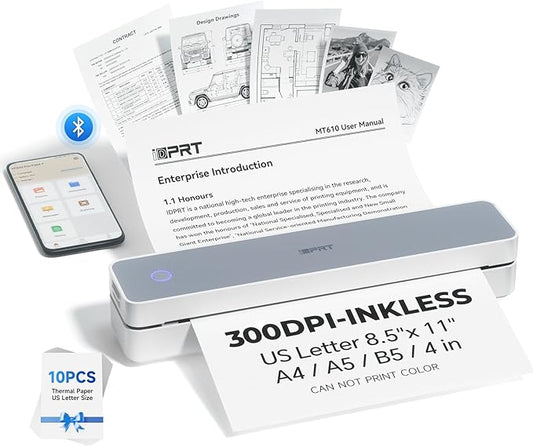 iDPRT Portable Printer Wireless for Travel, 300DPI Bluetooth Thermal Printer Support for 8.5"x11" US Letter, Inkless Compatible with iOS, Android, Laptop for Office, Car and Home, School