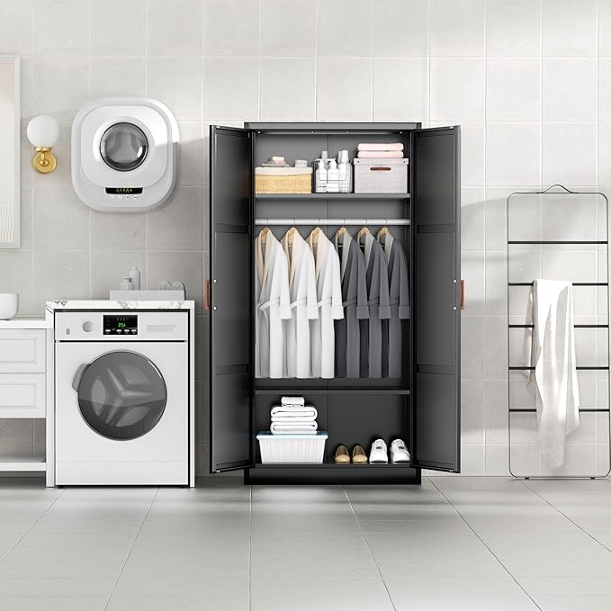 INTERGREAT Metal Storage Cabinet with Hanging Rail, Black Armoire Wardrobe Closet with 2 Doors,72" H Storage Closet Cabinets with Adjustable Shelves and Removable Hanging Rods