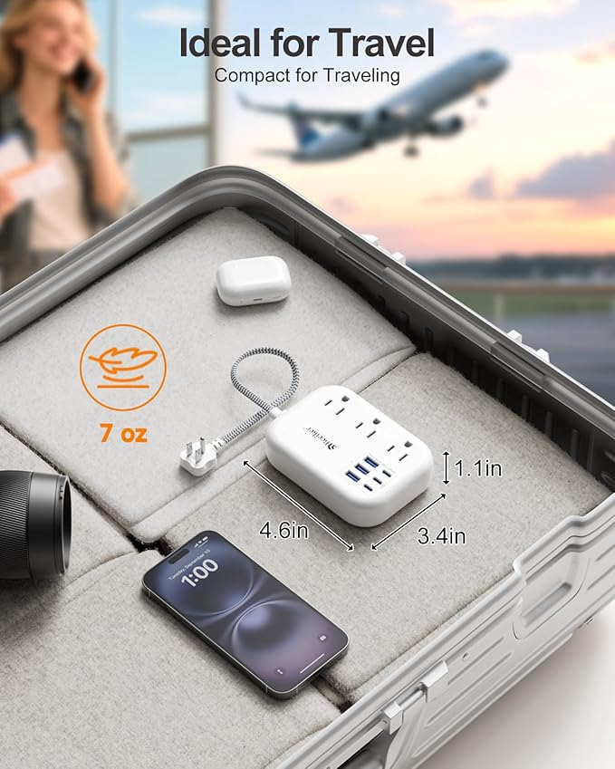 Short Extension Cord 1 Ft- 6 USB(3 USB C) Travel Power Strip with 24W USB Charging Station and 3 Outlets, 1Ft Small Flat Plug Extension Cord Surge Protector for Travel Home College Dorm 1625W