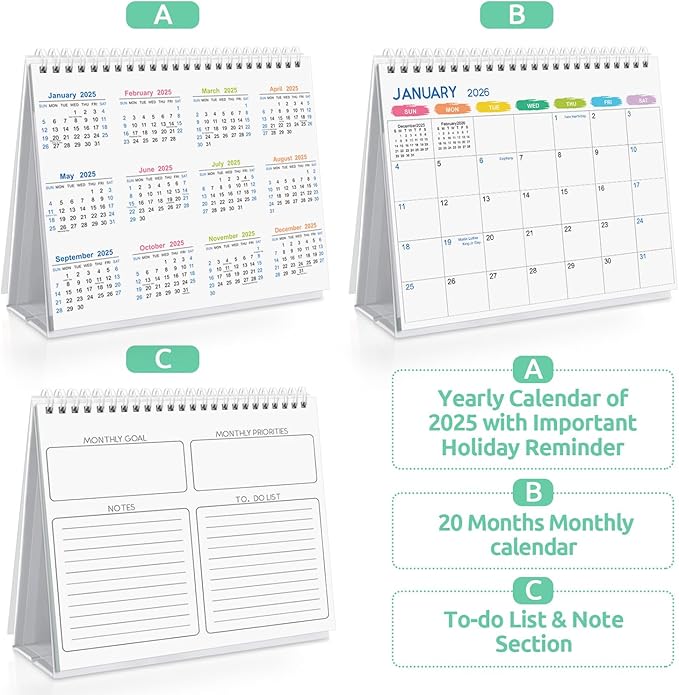 SKYDUE Desk Calendar 2025-2026, May 2025 to Dec 2026, 20 Months Small Desk Calendar with Planner Stickers, 8.5" x 7" Desktop Calendar Planner, Rainbow